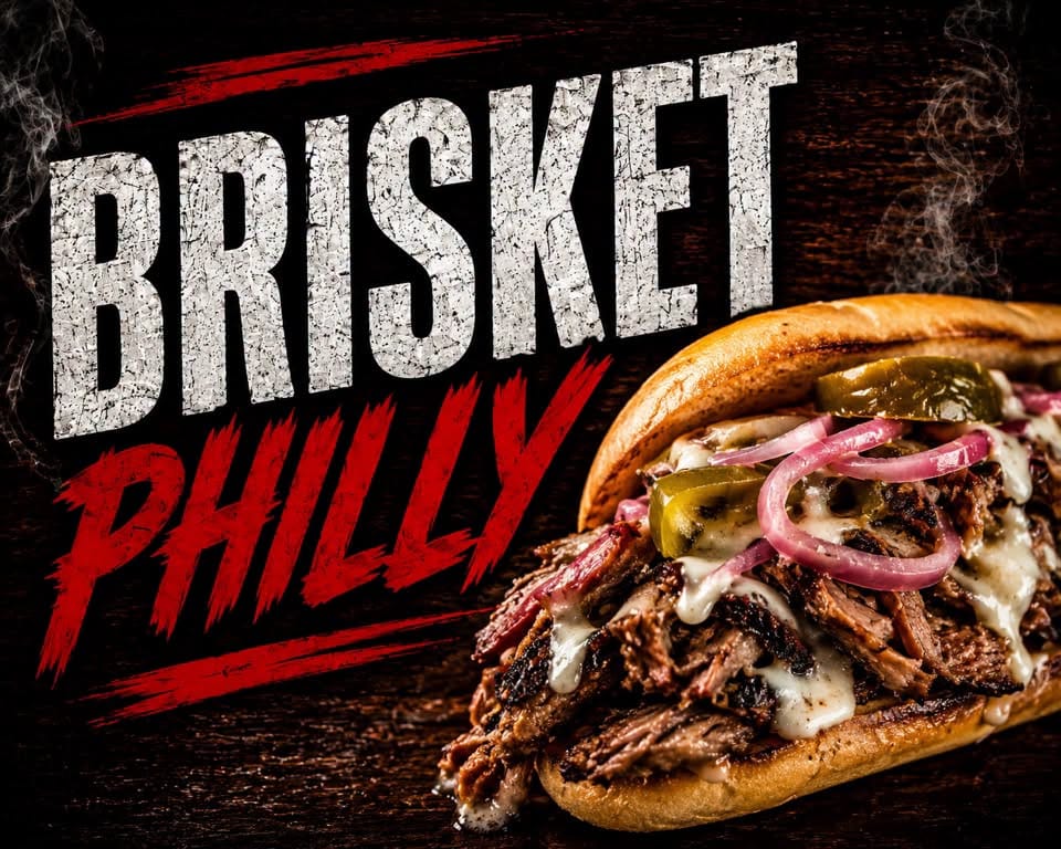 Brisket Philly sandwich piled with smoked brisket, cheese and pickled onions