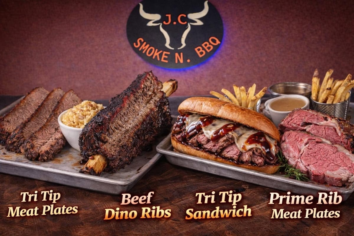 Tri tip plates, beef dino ribs, a tri tip sandwich and prime rib plates