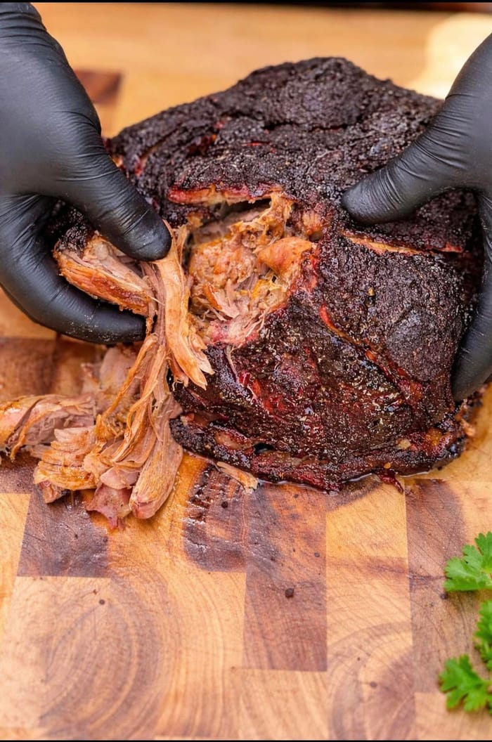 Gloved hands pulling apart a smoked pork shoulder